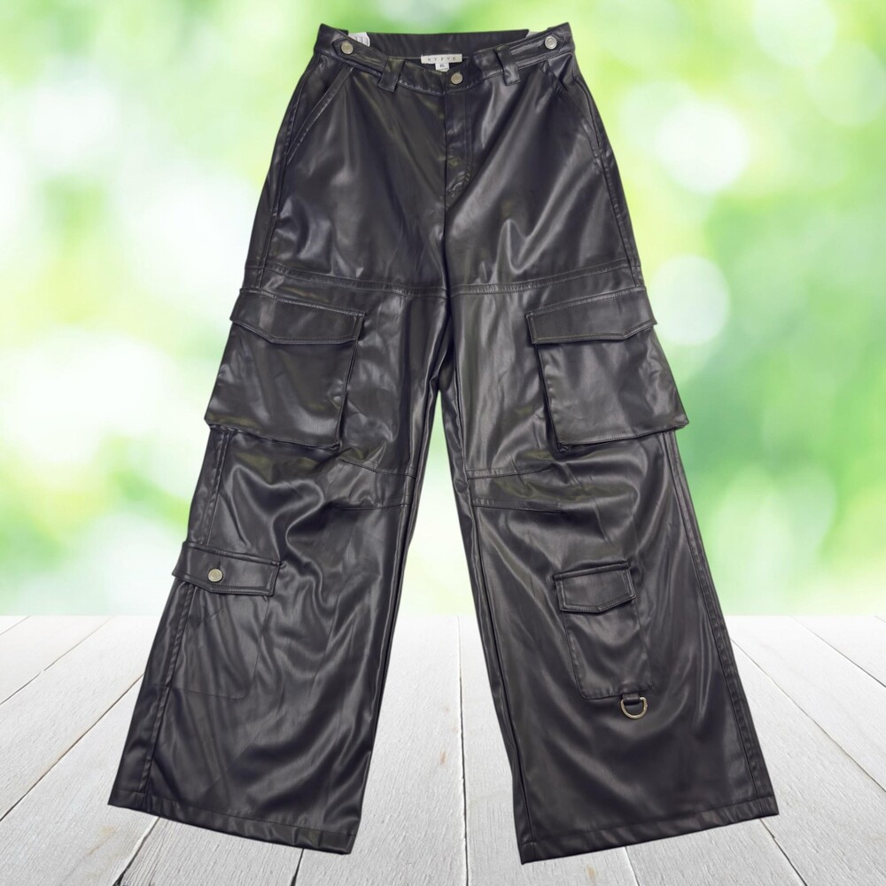New HYFVE Faux Leather Cargo Pants High Rise Wide Leg Y2K Utility Black Sz XL